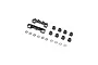 Losi black aluminium adjustable pivot set including two metal pivot blocks, eight plastic inserts, and eight small metal washers on a white background.
