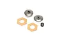 Losi Grooved Slipper Plate Set including two metal slipper plates, two hexagonal friction pads, and one small coil spring.