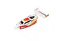 Losi 1/16 Mini B pre-painted RC buggy body shell and rear wing in white, red, and yellow, isolated on a white background.