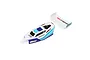 A pre-painted white, blue, and teal Losi Mini-B buggy body shell and matching rear wing on a white background.