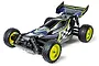 Tamiya Plasma Edge II 1/10 scale RC buggy in gunmetal finish with neon yellow wheels, shown from a front three-quarter angle.