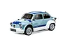 A studio shot of a 1/10 scale Tamiya Fiat Abarth 1000TCR RC car, painted in light blue, dark blue, and white with racing decals on a white background.