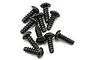 A cluster of ten black metal button head screws with coarse threads against a white background.