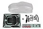 Team Associated 1/10 scale clear Nissan Z RC car body shell set including decals, plastic mirrors, and hardware on a white background.