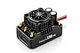 Hobbywing Xerun XR8 Pro brushless ESC featuring a black cooling fan, capacitors, and gold-plated motor/battery terminals on a white background.