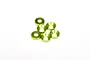 A cluster of six small, lime green anodized aluminium cone washers for RC vehicles on a white background.
