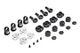 A collection of Losi shock internal parts including plastic rod ends, shock caps, pistons, and metal threaded collars on a white background.