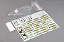 A clear, unpainted 1/10 scale RC buggy body shell and rear wing, accompanied by a large sheet of Team Losi Racing decals on a grey background.