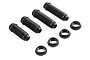 A set of four black threaded RC shock bodies and four matching threaded adjustment collars on a white background.