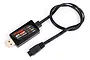 Traxxas 2s LiPo USB balance charger with a black plastic housing, indicator lights, and a Traxxas iD connector on a black cable.