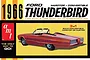 Product box art for an AMT 1/25 scale 1966 Ford Thunderbird model kit showing a red custom convertible car illustration on a yellow background.