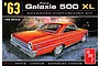 Box art for an AMT 1/25 scale 1963 Ford Galaxie 500 XL model kit featuring an illustration of a red classic car against a fireworks background.