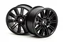 Two black 10-spoke RC car rims from HPI Racing, shown from a front-facing angle against a white background.
