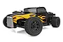 Team Associated Pro2 RT10SW 1/10 scale RC truck with a black body, yellow flame decals, and black wheels on a white background.