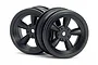 Two black HPI vintage 5-spoke RC car rims positioned against a white background.