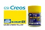 A 10ml jar of Mr. Hobby GX Chiara Yellow acrylic paint with a bright yellow lid, shown next to a yellow color swatch and GSI Creos branding.