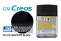 A bottle of Mr. Hobby GX Metallic Graphite Black paint (GX218) next to a black paint swatch, with GSI Creos and Mr. Hobby branding visible.
