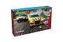 Scalextric Scalex 43 Flying Leap slot car racing set box featuring a yellow and a black car on a track.