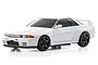 A white Kyosho Mini-Z Nissan Skyline GT-R (R32) RC car model viewed from a front three-quarter angle on a white background.