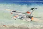 An artistic illustration of a Chinese JJ-7 trainer fighter jet in flight, firing a missile against a cloudy sky background.