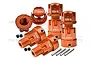 A set of orange anodized aluminium 17mm wheel hex adapters for RC cars, including nuts, pins, and grub screws, featuring GPM Racing branding.