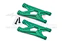 Two green anodized aluminium rear suspension arms for RC cars by GPM Racing, shown with two black mounting screws on a white background.