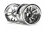 Two HPI Racing 2.2 inch chrome split 5-spoke RC truck rims shown from a front-facing angle against a white background.