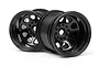 Two black HPI 2.2 inch RC stadium truck rims with a classic multi-hole design, shown against a white background.