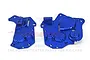 A pair of blue anodized aluminium chassis side covers for an RC motorcycle, featuring GPM branding and mounting holes.