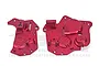 A pair of red anodized 7075 aluminium chassis side covers for an RC vehicle, featuring machined details and mounting holes.
