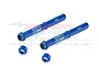 A pair of blue anodized aluminium fork tubes for an RC motorcycle by GPM Racing, featuring 7075 branding and two matching blue collars.