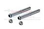 A pair of silver GPM Racing 7075 aluminium fork tubes with matching threaded collars for RC motorcycles.