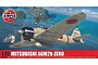 Airfix 1/72 scale Mitsubishi A6M2b Zero model kit box art featuring a painting of a Zero fighter in flight over a tropical ocean scene.