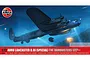 Airfix 1/72 scale Avro Lancaster B.III The Dambusters model kit box art featuring an illustration of the bomber dropping an Upkeep mine at night.