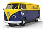 A Scalextric 1/32 scale Volkswagen T1B Panel Van slot car in blue and yellow Michelin livery on a white background.