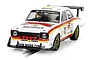 A 1/32 scale Scalextric Ford Escort MK1 RSR slot car in white with red and yellow racing livery, featuring Marlboro branding and gold wheels.