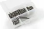 A clear plastic compartment box filled with various stainless steel RC screws, nuts, and two black L-shaped hex keys.
