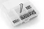 A clear plastic storage box filled with various stainless steel RC screws and two black hex keys.