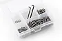 A clear plastic storage box containing various stainless steel screws, nuts, washers, and two L-shaped hex keys for RC car maintenance.