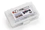 A clear plastic storage box containing an RC Screwz metal shielded bearing kit for the Arrma Fazon 6s BLX, viewed from a high angle.