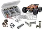 RC Screwz stainless steel screw kit for Arrma Outcast 4S, featuring a plastic storage box filled with hardware, various loose screws, nuts, and an RC truck.