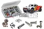 RC Screwz stainless steel screw kit for Arrma Mojave 4S, featuring a plastic storage box filled with screws and an Arrma Mojave RC truck in the background.