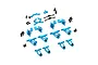 A collection of blue anodized aluminium RC car upgrade parts including suspension arms, steering hubs, and driveshafts on a white background.