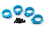 Four blue anodized aluminium shock clamps with four black metal screws arranged on a white background.