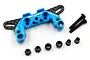 Yeah Racing blue aluminium and carbon fibre shock mount with included screws and spacers on a white background.