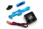 Yeah Racing blue aluminium motor mount set with cooling fan, screws, and mounting hardware on a white background.