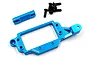 Yeah Racing blue anodized aluminium servo mount with a cylindrical spacer and five black screws on a white background.