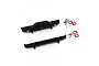 Yeah Racing black aluminium front and rear bumpers with red tow shackles and mounting hardware on a white background.