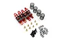 A set of four red aluminium RC shock absorbers with black springs, brass spacers, screws, and O-rings on a white background.
