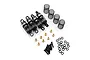 A set of four black aluminium RC shock absorbers with extra springs, brass spacers, screws, and O-rings on a white background.